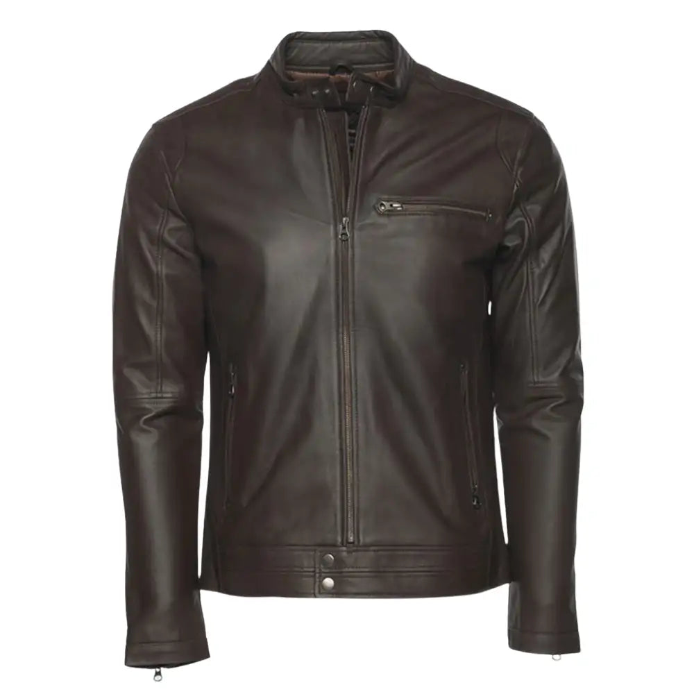 Arthur Dark Brown Café Racer Leather Jacket side view leather biker jacket silhouette