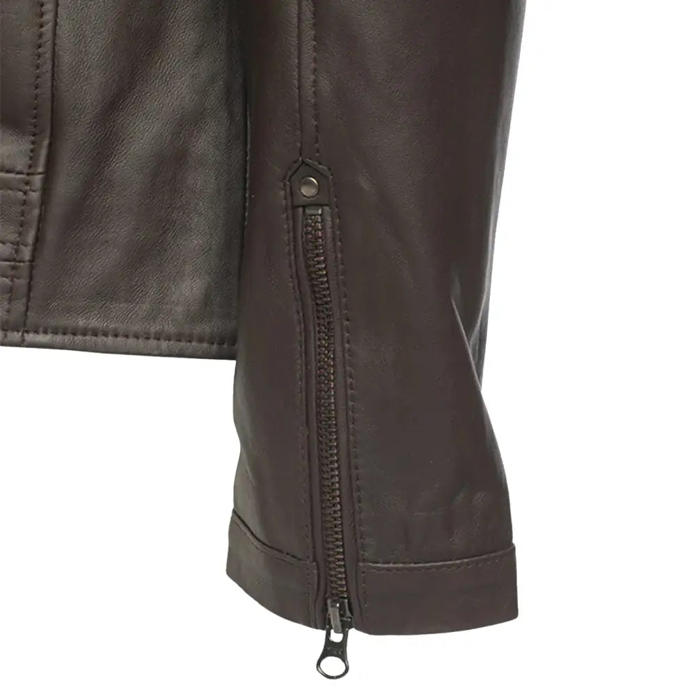Arthur Dark Brown Café Racer Leather Jacket close up sleeve leather texture