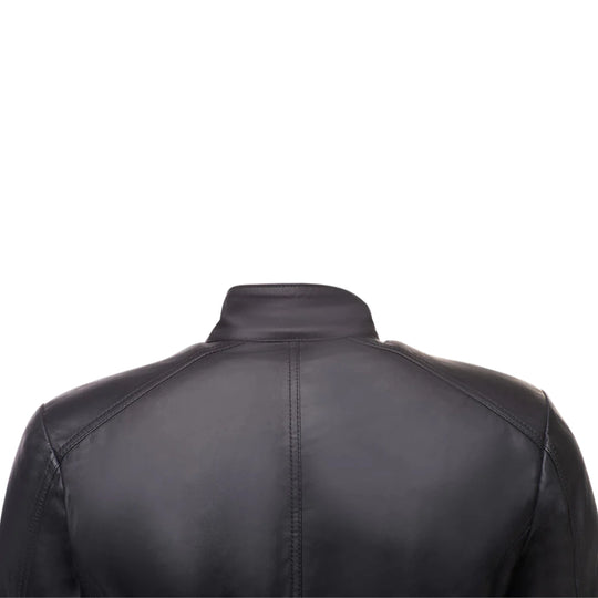 Asher Plain Black Cafe Racer Jacket back view black leather cafe racer jacket