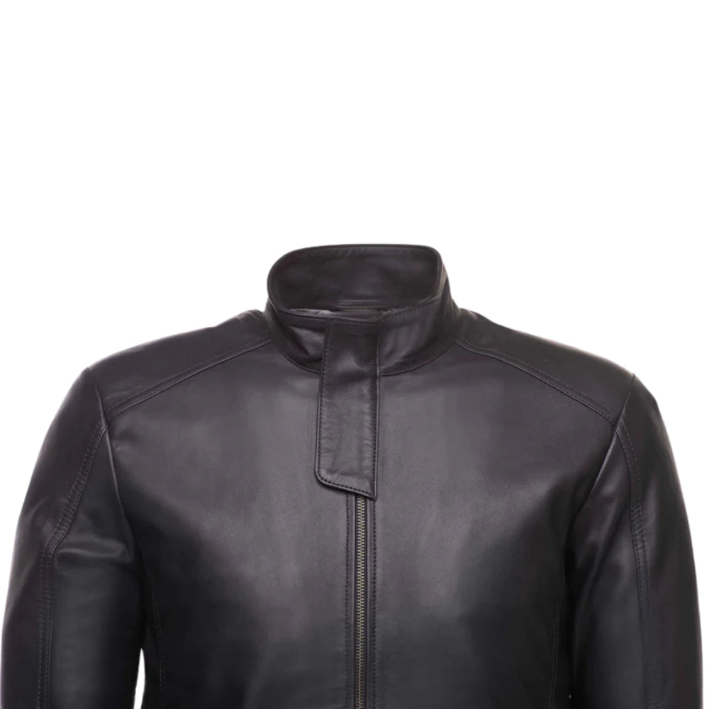 Asher Plain Black Cafe Racer Jacket front view black leather cafe racer jacket with minimalist design