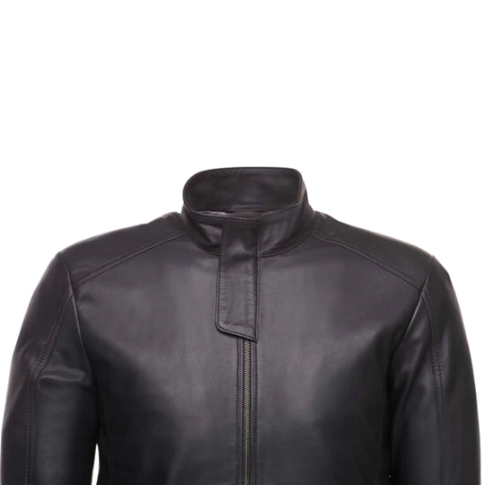 Asher Plain Black Cafe Racer Jacket front view black leather cafe racer jacket with minimalist design