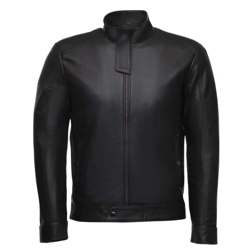 Asher Plain Black Cafe Racer Jacket men's black leather cafe racer jacket front profile