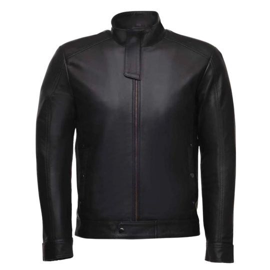 Asher Plain Black Cafe Racer Jacket men's black leather cafe racer jacket front profile