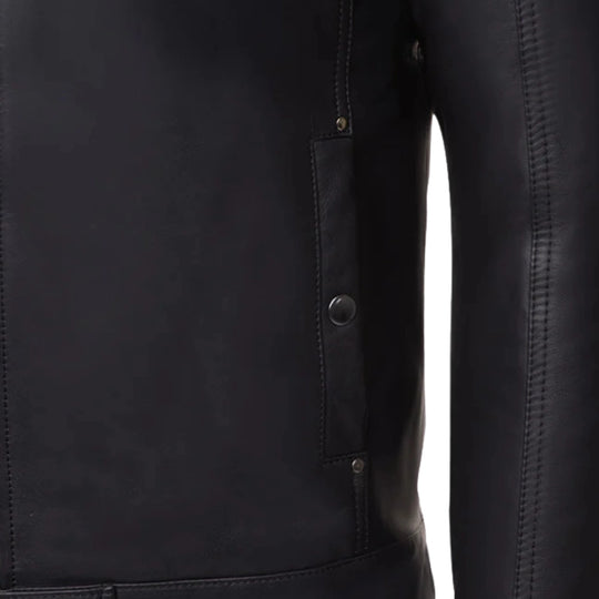Asher Plain Black Cafe Racer Jacket close up of zip pocket on leather racer jacket