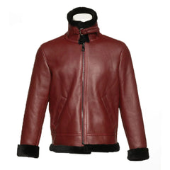 Aurelius Burgundy B3 Bomber Shearling Jacket for men with buckled high collar and black fur trim with white background.