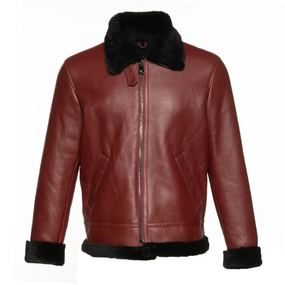 Full front view of the Aurelius Burgundy B3 Bomber Jacket in premium red leather with black shearling lining on white background.