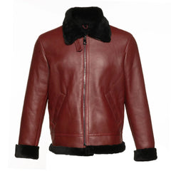 Full front view of the Aurelius Burgundy B3 Bomber Jacket in premium red leather with black shearling lining on white background.