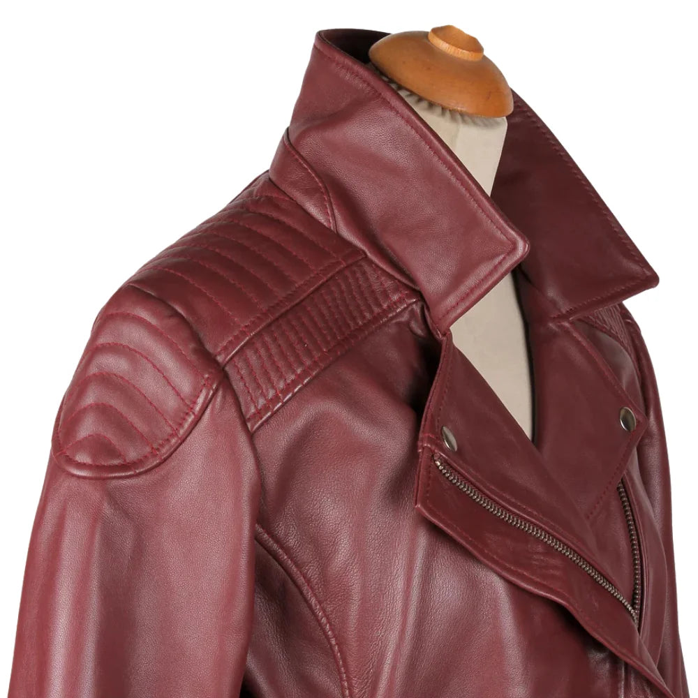 Close-up of the silver-tone snap-down double lapels and notched collar on Ayla’s Women’s Burgundy Biker Jacket, white background.