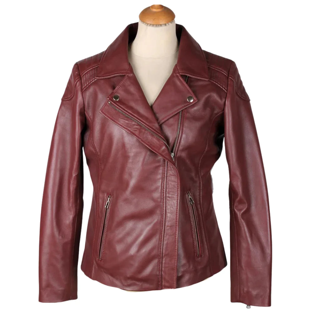 Front view of Ayla’s Women’s Burgundy Biker Style Jacket featuring wide double lapels and asymmetrical zipper on a white background.