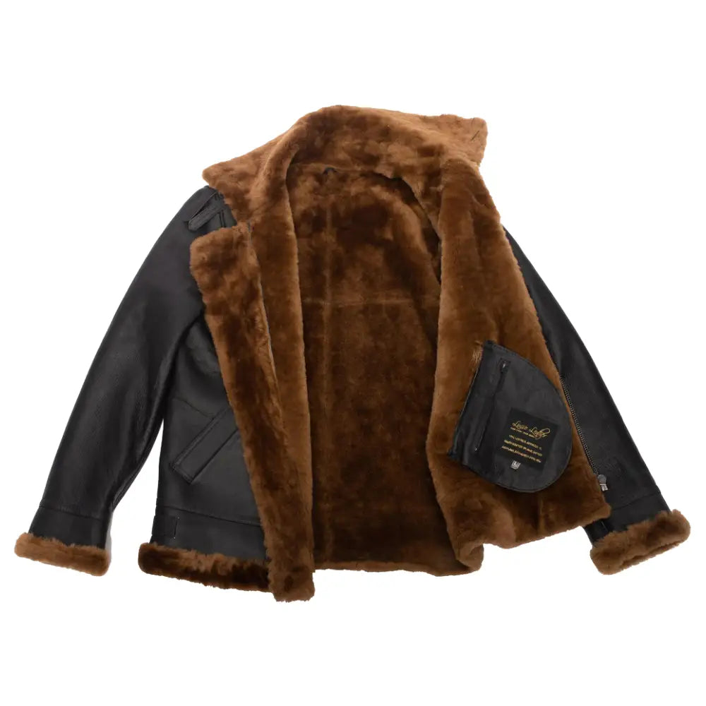 Classic Ginger Brown B3 Bomber Aviator Shearling Jacket with full-body cream shearling lining, featuring a stylish leather exterior and fur collar.