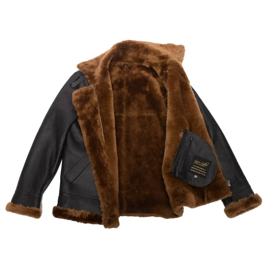 Classic Ginger Brown B3 Bomber Aviator Shearling Jacket with full-body cream shearling lining, featuring a stylish leather exterior and fur collar.