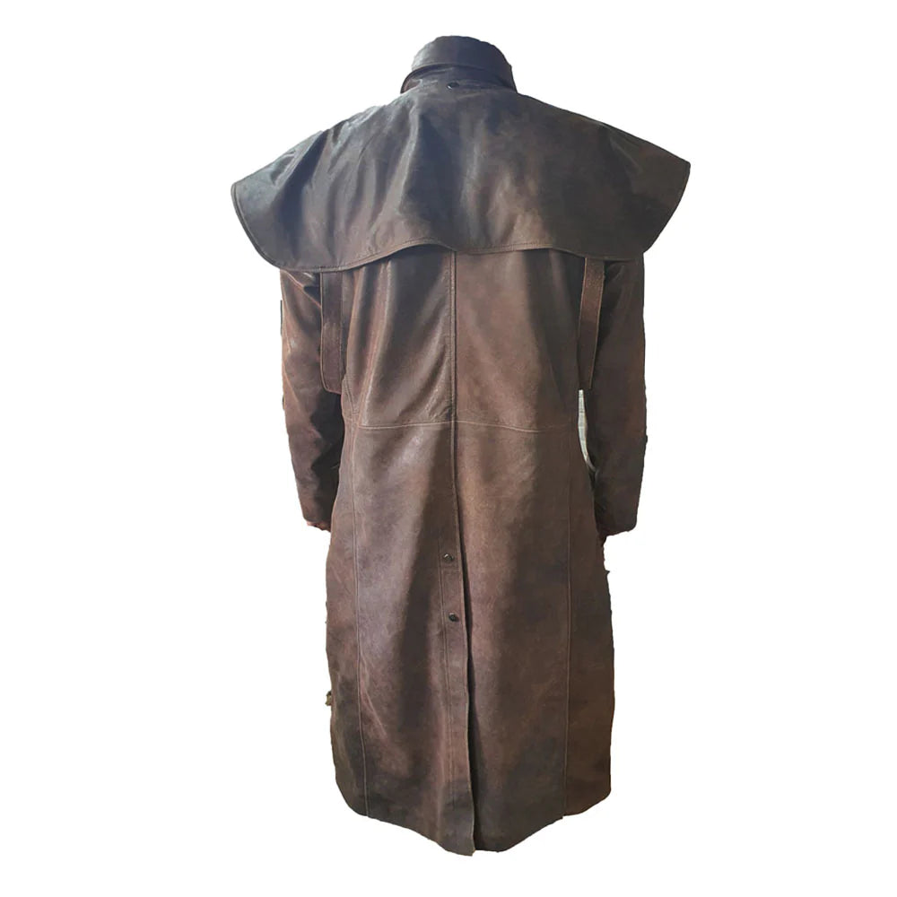 Back view of the Baker vintage copper duster coat highlighting the longline back vent and premium weathered leather finish.