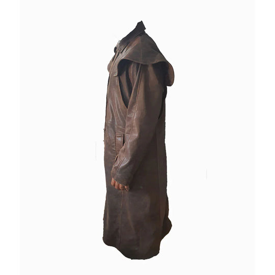 Side view of the Baker vintage copper leather duster coat, showcasing the full-length sleeve and structured shoulder epaulettes.