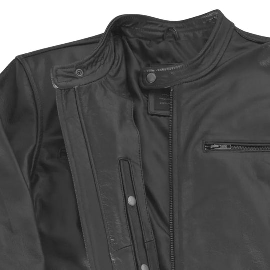 Bandit Black Cafe Racer Heavy Leather Jacket front panel heavy leather detail