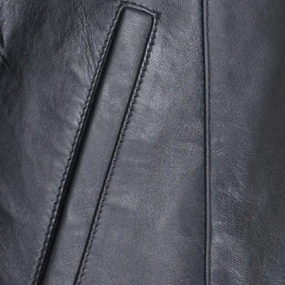 Bandit Black Cafe Racer Heavy Leather Jacket close up of zip pocket on leather racer jacket