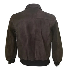 Rear view of Bernard Dark Brown bomber leather jacket on a mannequin with a white background