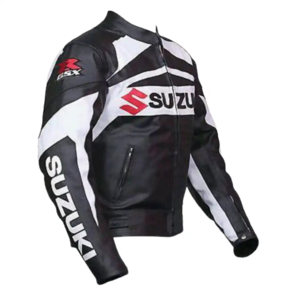 Detailed shot of the external dual-density shoulder sliders and the white leather-wrapped elbow protection for maximum track safety.