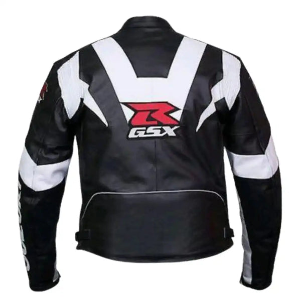 Black & White Armored Suzuki GSXR Leather Motorcycle Jacket