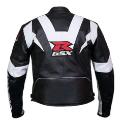 Front view of the Suzuki GSXR motorcycle jacket in black and white leather, featuring the iconic "S" and "GSX-R" logos prominently on the chest.