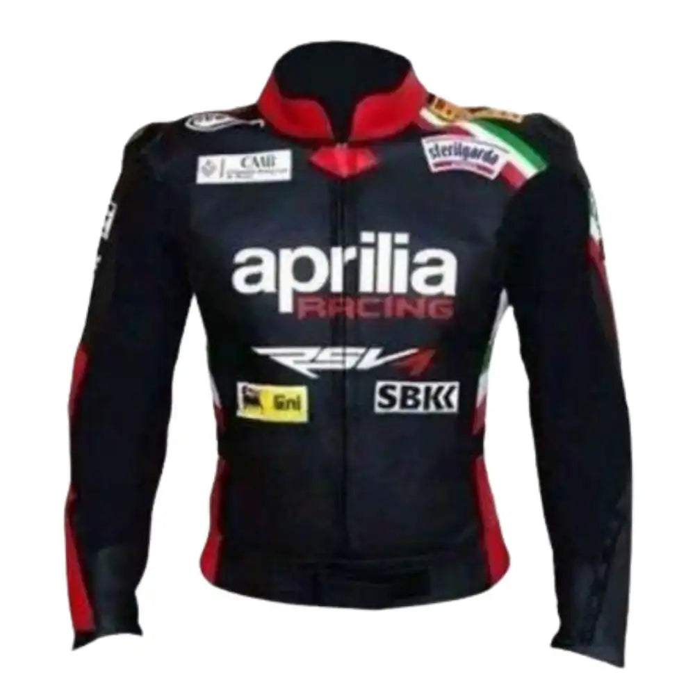 Front view of the Aprilia armored motorcycle jacket in sleek black leather, featuring the iconic red and white Aprilia racing logo on the chest.
