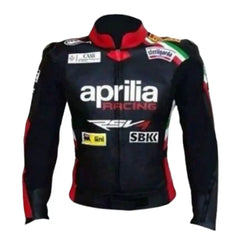 Front view of the Aprilia armored motorcycle jacket in sleek black leather, featuring the iconic red and white Aprilia racing logo on the chest.