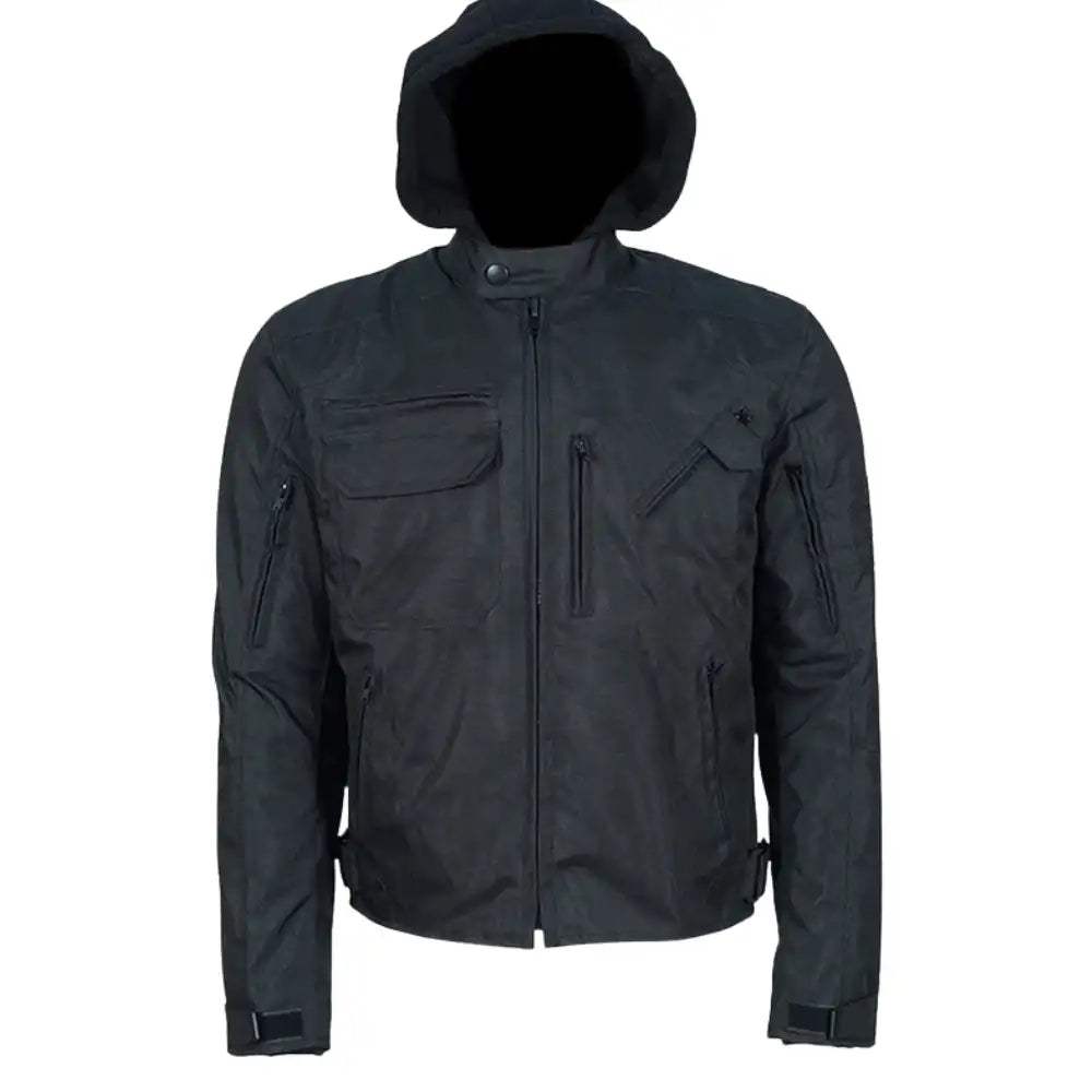 Front view of a black waterproof leather motorcycle jacket featuring sealed seams, zippered air vents on the chest, and a high-neck storm collar.