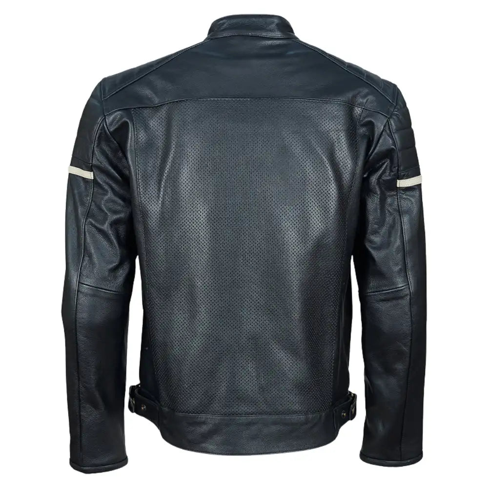 Back view of the black cafe racer jacket showing a clean, sleek leather panel design with subtle internal armor shaping at the shoulders.