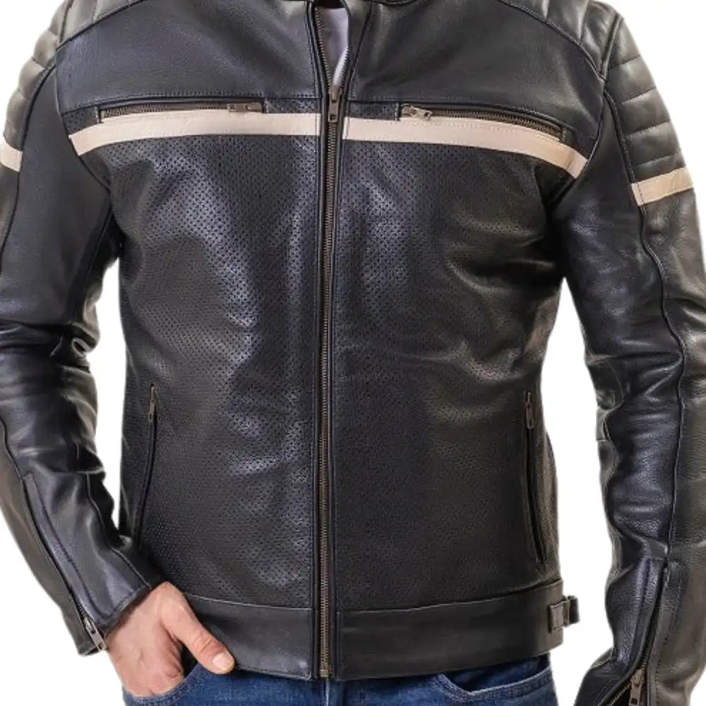 A model on a vintage motorcycle wearing the black armored cafe racer jacket, demonstrating its slim, aerodynamic profile.