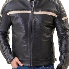 A model on a vintage motorcycle wearing the black armored cafe racer jacket, demonstrating its slim, aerodynamic profile.