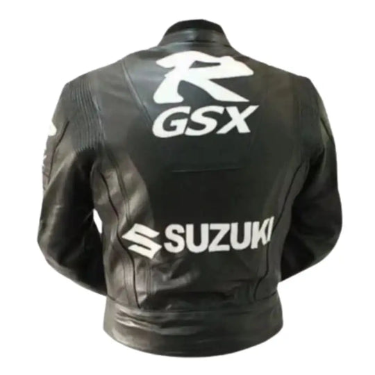 Back view showing the large "SUZUKI" block-lettering across the shoulders and a clean, tapered waist for an athletic riding profile.