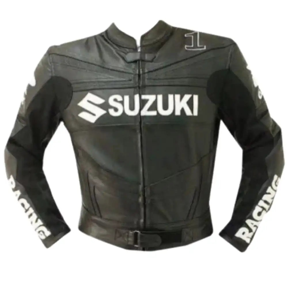 Front view of the black Suzuki armored jacket, featuring the iconic red "S" logo on the chest and a heavy-duty leather construction with a center-zip closure.
