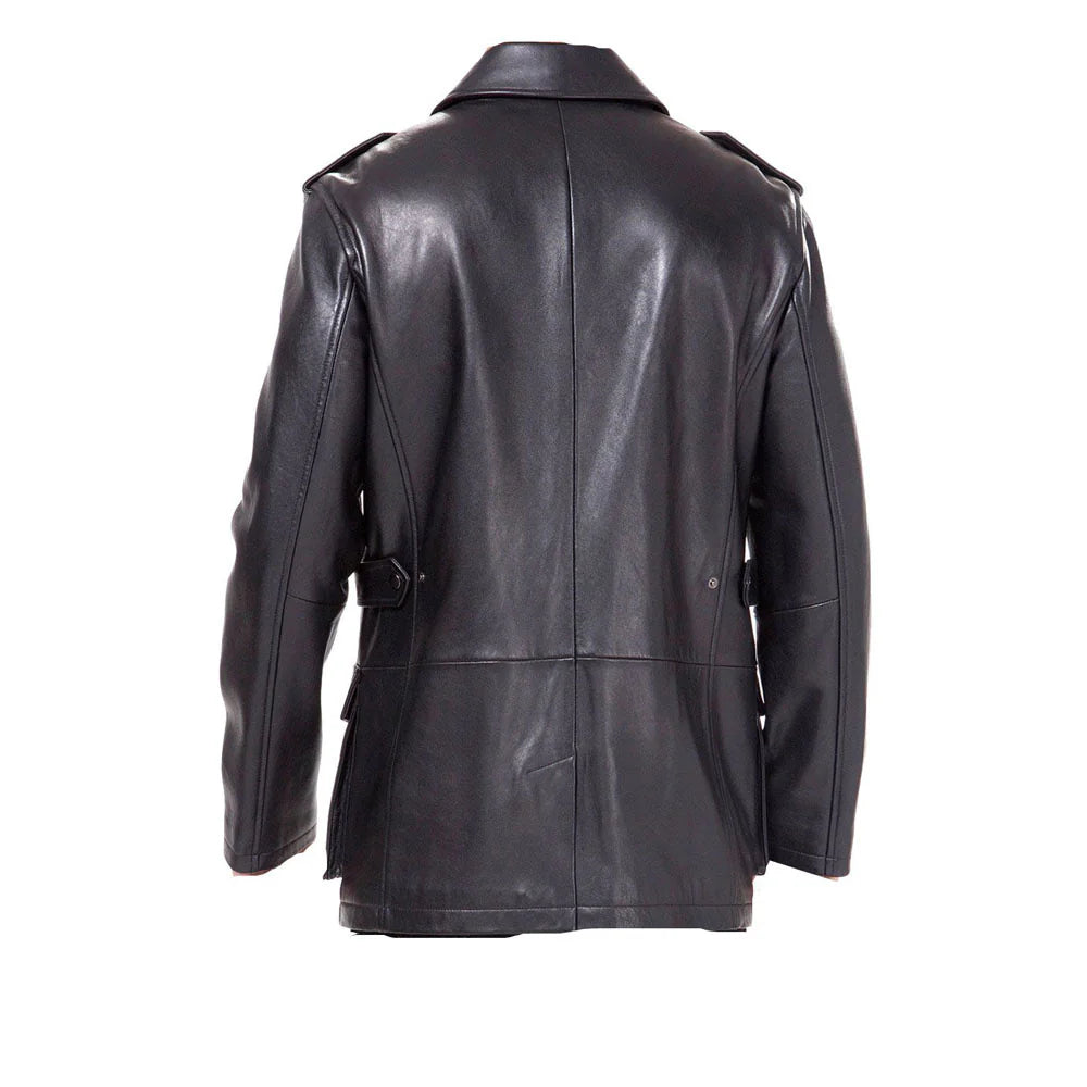 Rear view of the black leather buttoned up coat highlighting the smooth premium leather and structured back paneling.