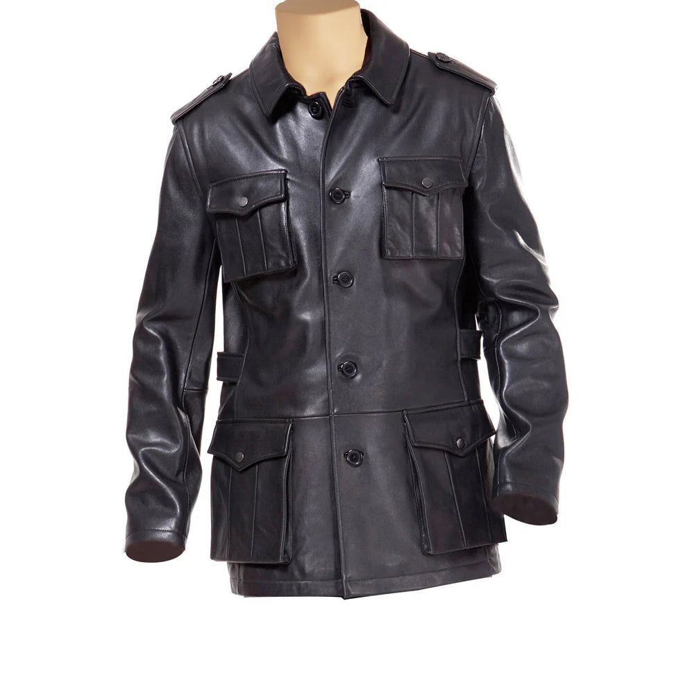 Front view of a classic black leather buttoned up coat on a mannequin, featuring a sharp collar and central button closure.