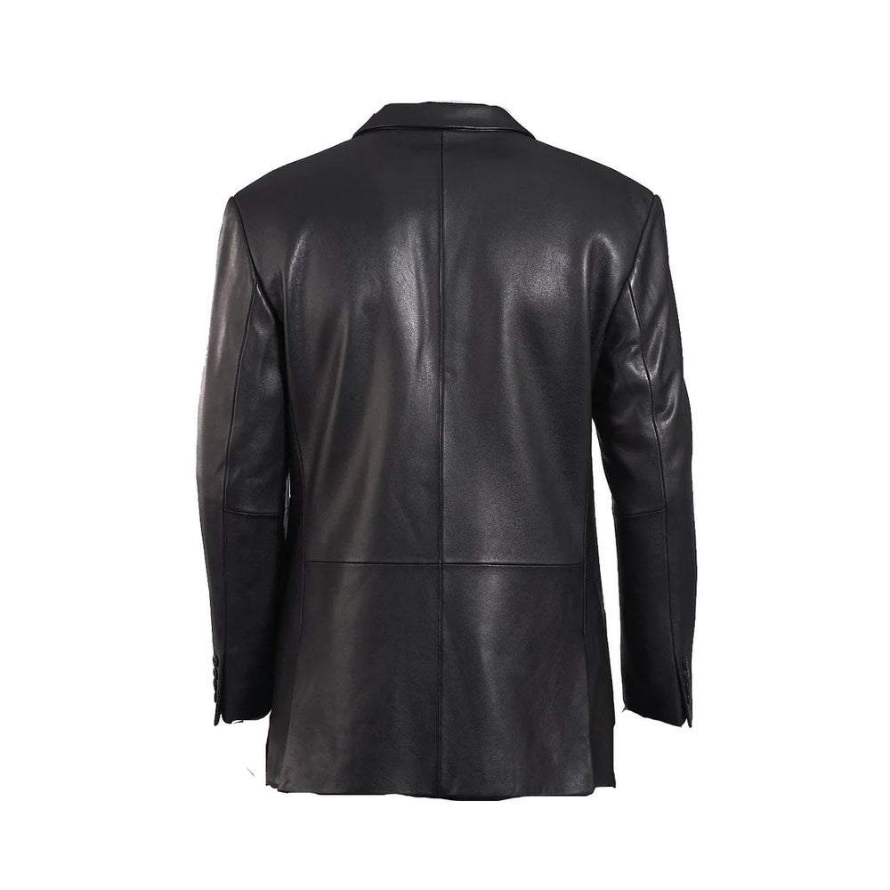 Rear view of the black leather 3/4 length trench coat, highlighting the clean seams and structured silhouette.