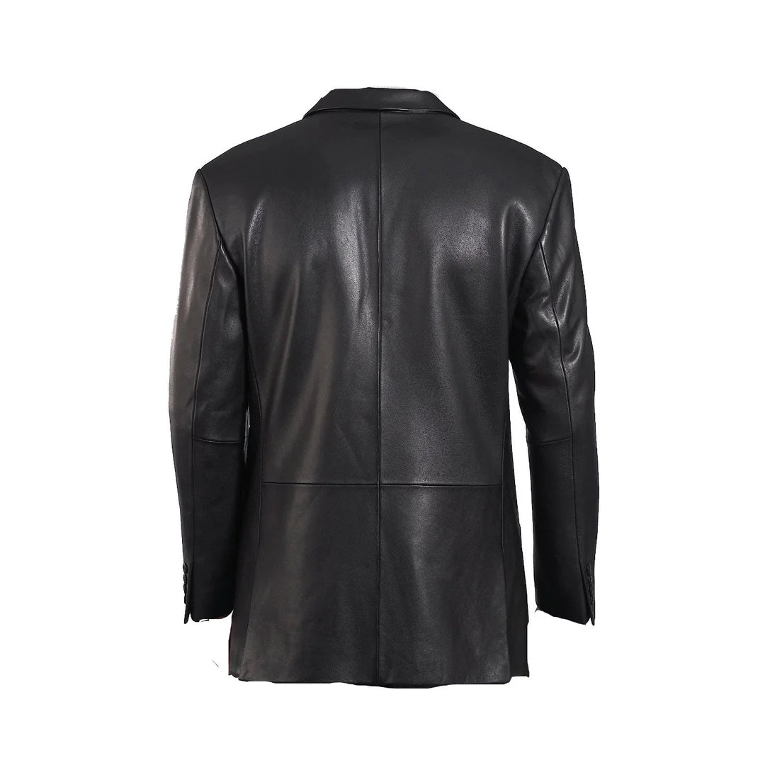 Rear view of the black leather 3/4 length trench coat, highlighting the clean seams and structured silhouette.