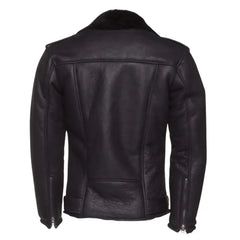 Rear design of black on black shearling leather biker jacket with belt.