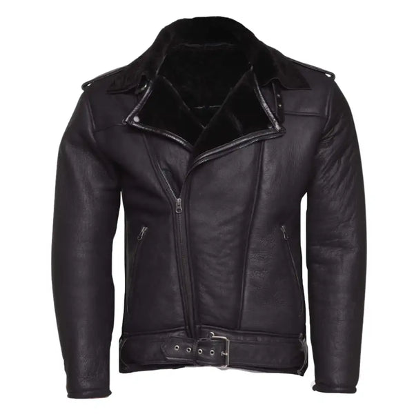 Black on Black Belted Shearling Leather Biker Jacket