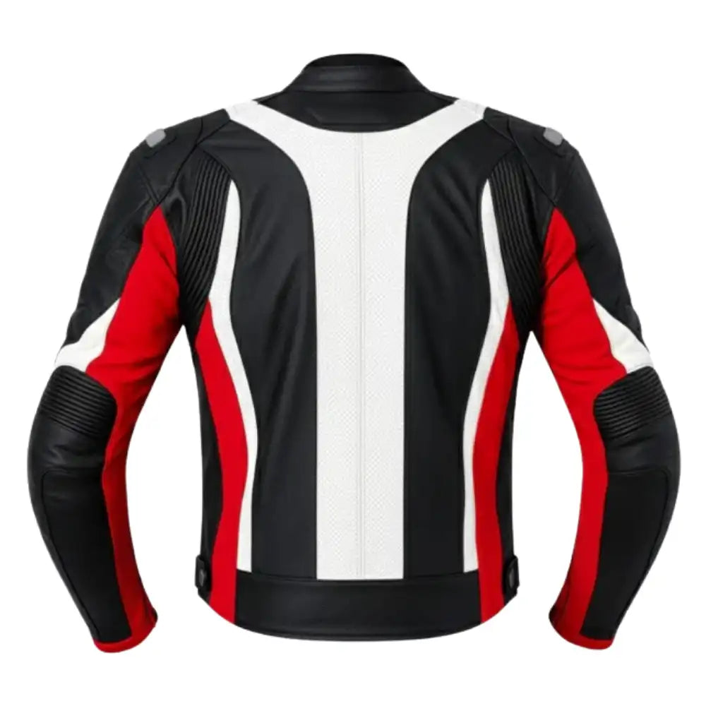 Front view of the black, red, and white armored jacket, featuring an aggressive "V" color-block design and integrated shoulder armor.