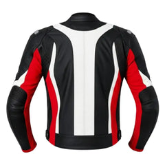 Front view of the black, red, and white armored jacket, featuring an aggressive "V" color-block design and integrated shoulder armor.