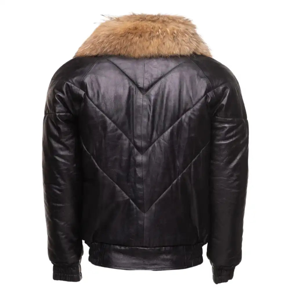 Back view of the Casper leather puffer showing the V-pattern stitching and the voluminous white fur collar extending across the shoulders.