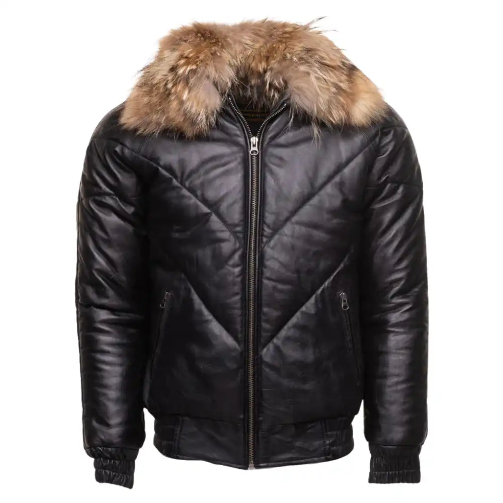 Front view of the Casper V-Bomber leather puffer jacket featuring signature V-shaped quilted panels and a striking white fox fur collar.