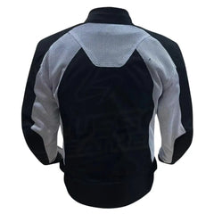 Back view showing the black leather torso with white shoulder accents, featuring an aerodynamic cut and reinforced stitching for rider safety.