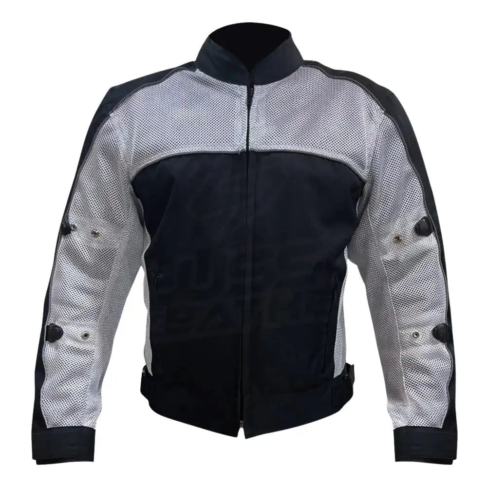 Front view of a black and white leather motorcycle jacket featuring bold white racing stripes on the chest and sleeves, with a waterproof front zipper and high-neck collar.