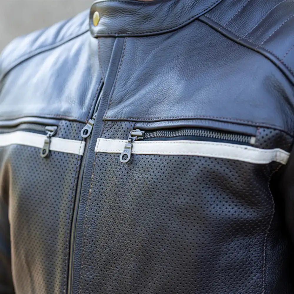 Black Armored Cafe Racer Leather Motorcycle Jacket close up protective armor padding