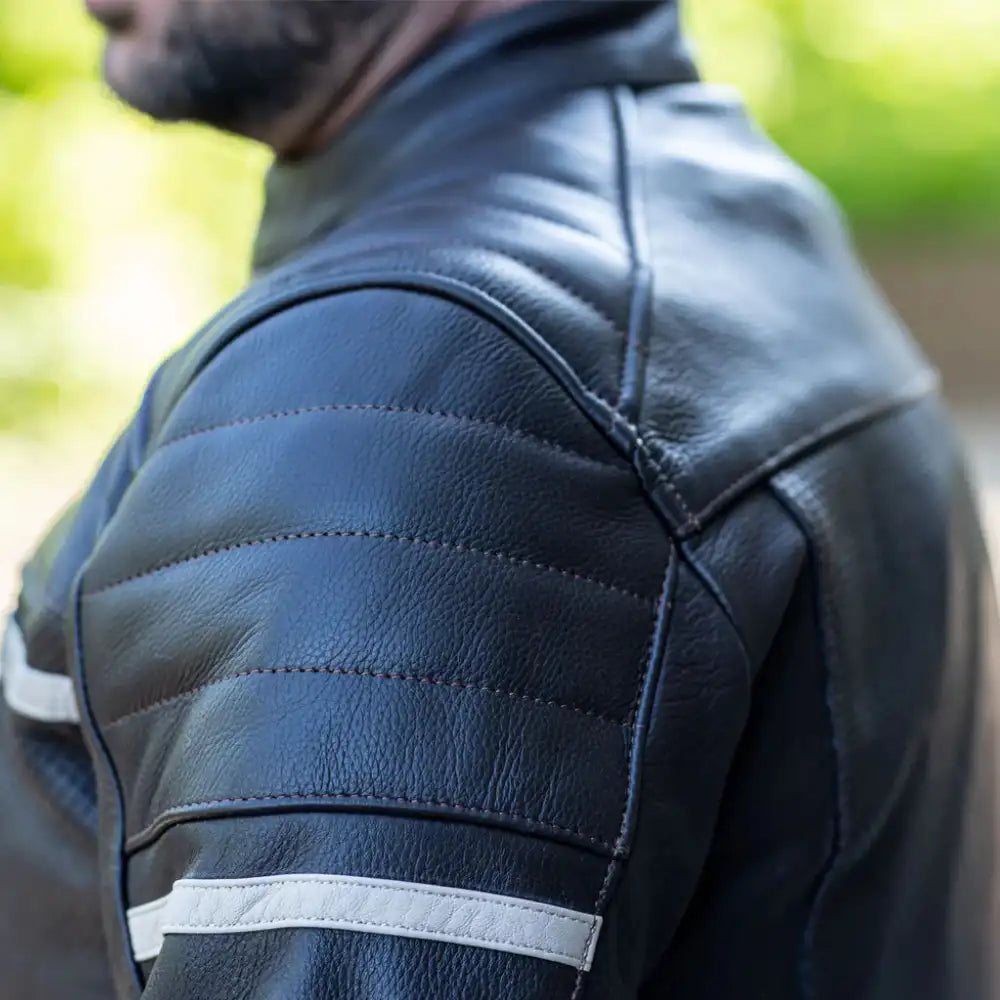 Black Armored Cafe Racer Leather Motorcycle Jacket shoulder armor detail
