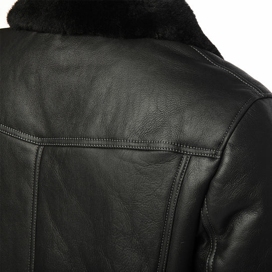 Black Denim Jacket Style Shearling Jacket back profile winter leather jacket