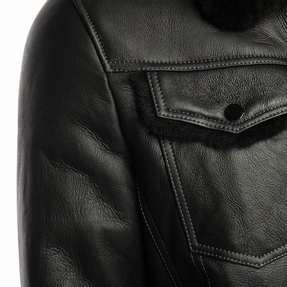 Black Denim Jacket Style Shearling Jacket button closure detail