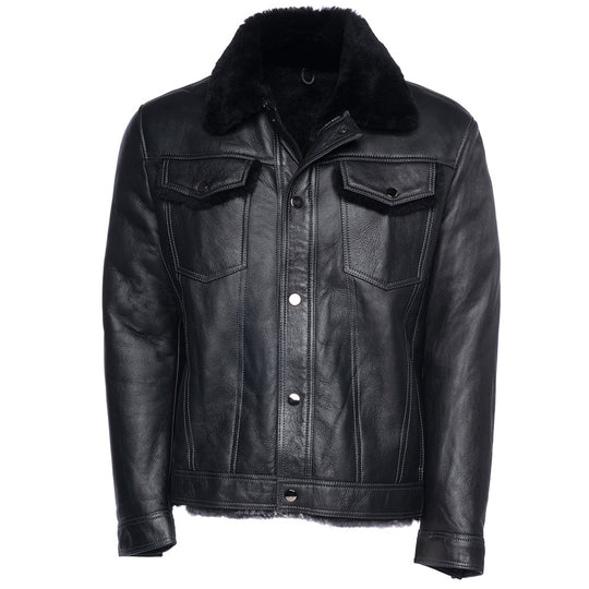 Black Denim Jacket Style Shearling Jacket front view black shearling jacket with denim style design