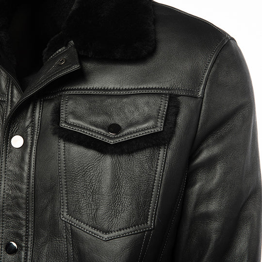 Black Denim Jacket Style Shearling Jacket close up black leather texture