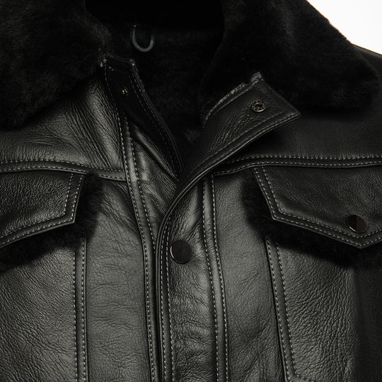Black Denim Jacket Style Shearling Jacket close up denim style seams
